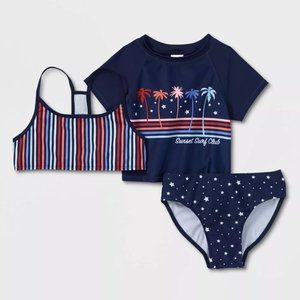 Art Class Girls Short Sleeve Rash Guard Swimsuit Three Piece Blue M (7/8) NWT